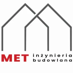 Logo firmy MET inżynieria budowlana, przedstawiające stylizowane grafiki dwóch domów w szarym kolorze, z czerwoną nazwą firmy i czarnym dopiskiem 'inżynieria budowlana'.