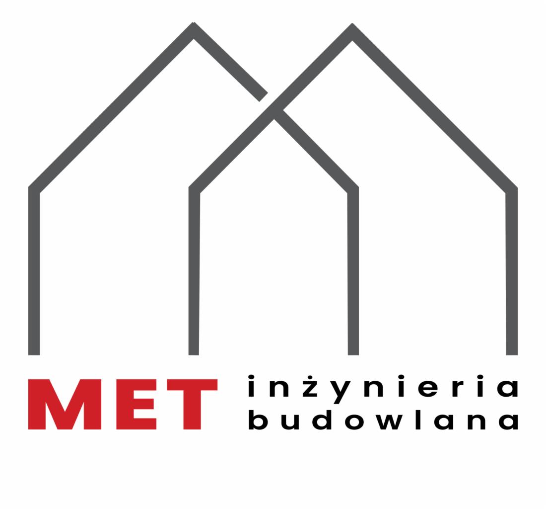 Logo firmy MET inżynieria budowlana, przedstawiające stylizowane grafiki dwóch domów w szarym kolorze, z czerwoną nazwą firmy i czarnym dopiskiem 'inżynieria budowlana'.