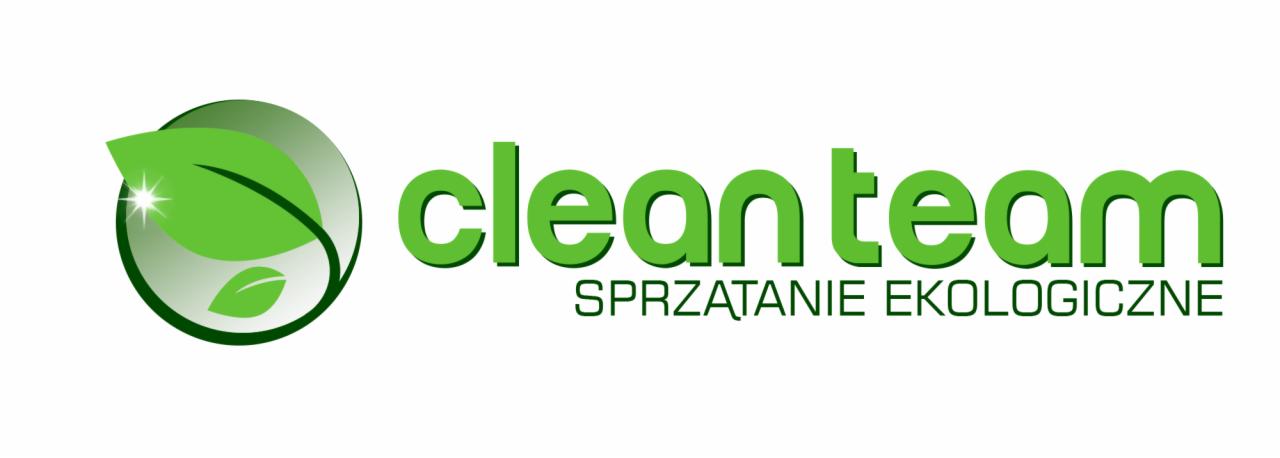 Logo firmy Clean Team z zielonymi liśćmi w okręgu i napisem 'Sprzątanie Ekologiczne' pod nazwą firmy.