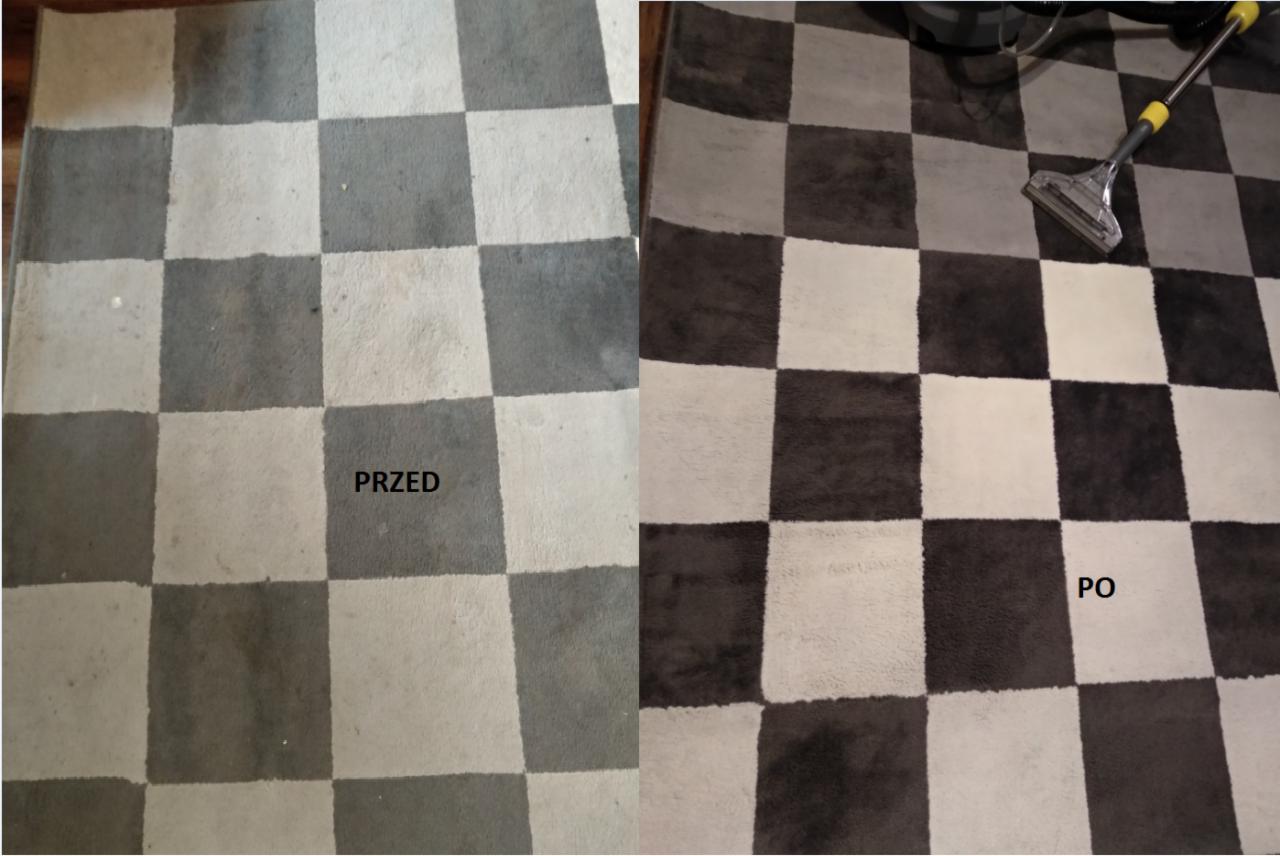Dywan w szachownicę z widoczną różnicą przed i po czyszczeniu, z użyciem ssawki czyszczącej.