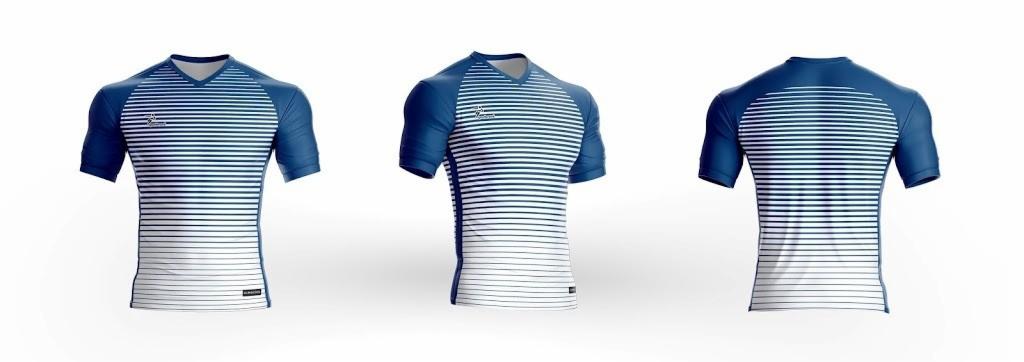 Trzy wizualizacje tej samej koszulki sportowej w kolorze białym z poziomymi granatowymi paskami i granatowymi rękawami, prezentowane z przodu i z tyłu na białym tle.