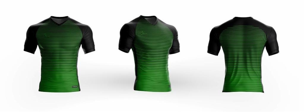 Trzy wizualizacje sportowej koszulki z krótkim rękawem w kolorze zielonym z czarnymi rękawami i poziomymi paskami, prezentowane z przodu, z boku i z tyłu na białym tle.