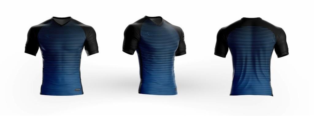 Trzy ujęcia sportowej koszulki z krótkim rękawem: przód, bok i tył; czarne rękawy i ramiona, granatowo-błękitny tułów w poziome paski.