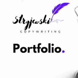 Minimalistyczne portfolio z logo w kształcie pióra i napisem 'Stryjewski copywriting' na białym tle, otoczone elementami biurowymi.