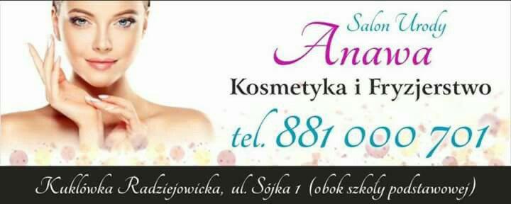 Reklama salonu urody Anawa z portretem kobiety o jasnej karnacji i delikatnym makijażu, adres i numer telefonu