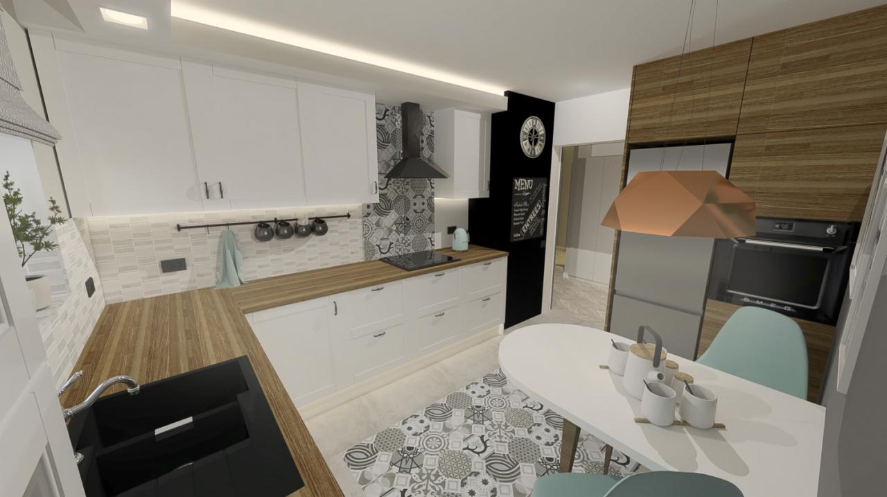 Wizualizacja nowoczesnej kuchni z białymi szafkami, drewnianymi blatami, czarnym zlewozmywakiem, płytkami w geometryczne wzory nad blatem i na podłodze, czarnym okapem oraz stołem z turkusowymi...