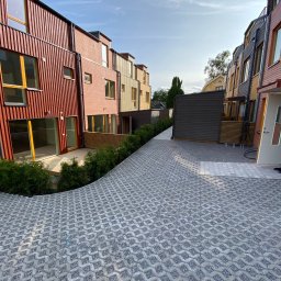 Hygge Hus Sp. z o.o. - Ulica osiedlowa z szeregiem domów o drewnianej elewacji w odcieniach czerwieni i brązu, z ażurową nawierzchnią z kostki betonowej i niskimi krzewami.