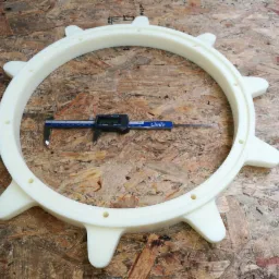 Biały, okrągły element z tworzywa sztucznego z wypustkami, zmierzony suwmiarką elektroniczną marki Limit na tle płyty OSB.