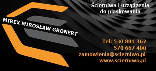 Wizytówka firmy Mirex Mirosław Gronert oferującej ścierniwa i urządzenia do piaskowania, z pomarańczowo-szarym logo na czarnym tle z abstrakcyjnym wzorem.