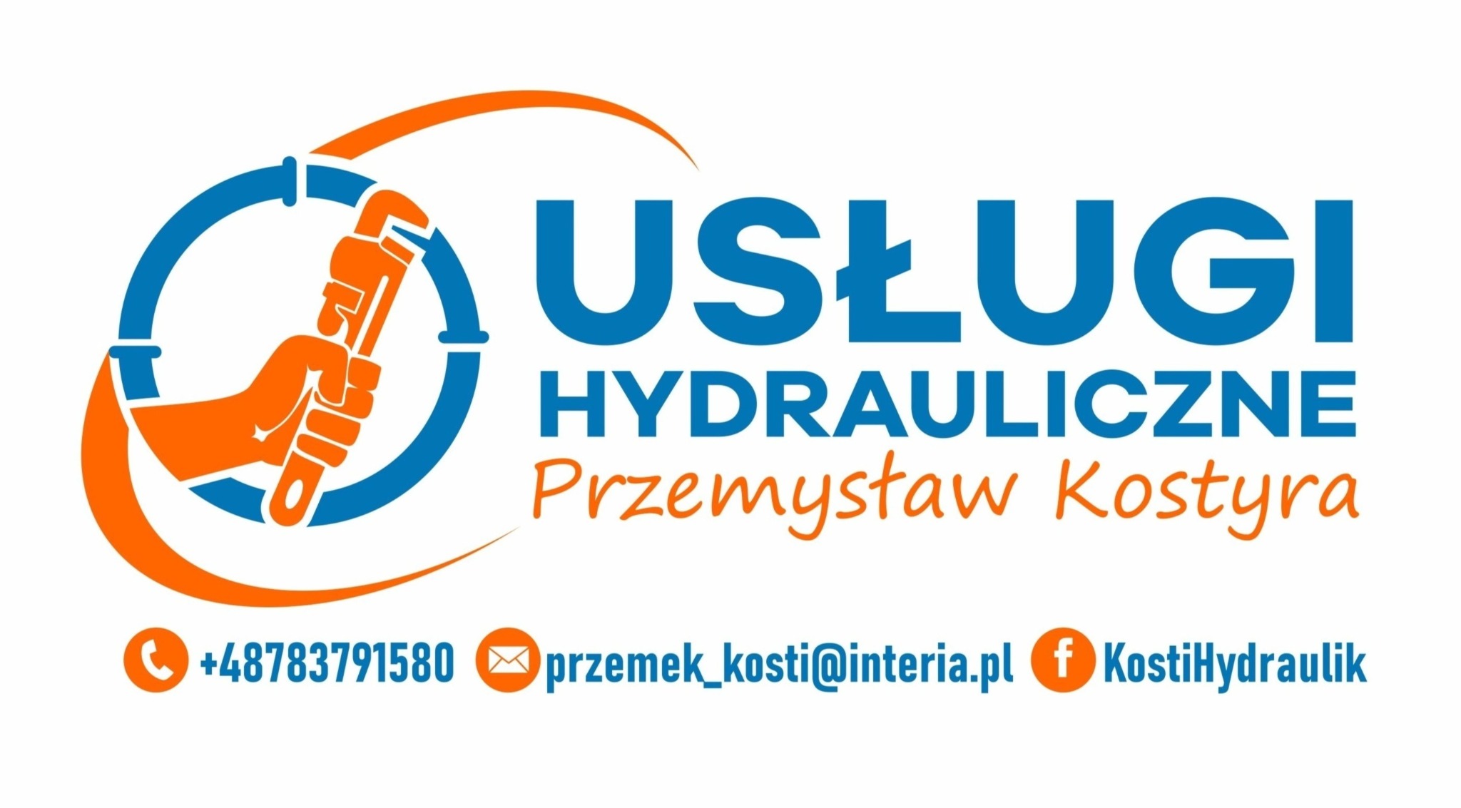 Logo firmy hydraulicznej: pomarańczowa dłoń trzyma klucz francuski, otoczone niebieskim obrysem rury, nad napisem 'USŁUGI HYDRAULICZNE Przemysław Kostyra', z danymi kontaktowymi na dole.