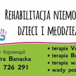 Wizytówka z informacjami o rehabilitacji niemowląt, dzieci i młodzieży, oferująca terapię Vojty, Bobath, wad stóp i wad postawy.