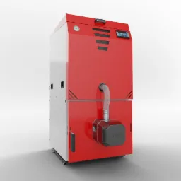 Nowoczesny, czerwono-biały kocioł na paliwo stałe z widocznym panelem sterowania i podajnikiem, ustawiony na jasnym tle.