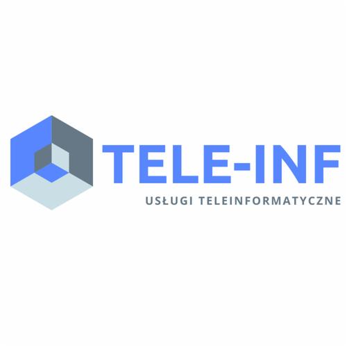 Logo firmy TELE-INF z geometrycznym symbolem sześcianu w odcieniach niebieskiego i szarości oraz napisem 'USŁUGI TELEINFORMATYCZNE'.