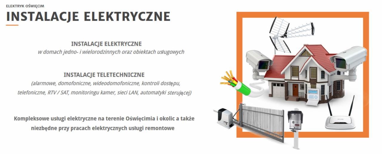 Ilustracja przedstawiająca dom z instalacją antenową, kamerami monitoringu, routerem WiFi, centralą alarmową, domofonem, bramą automatyczną i kablem elektrycznym; kompleksowe rozwiązania dla domu...