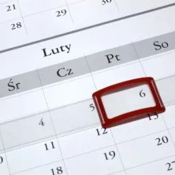 Luty w kalendarzu z zaznaczonym dniem 6 czerwoną ramką