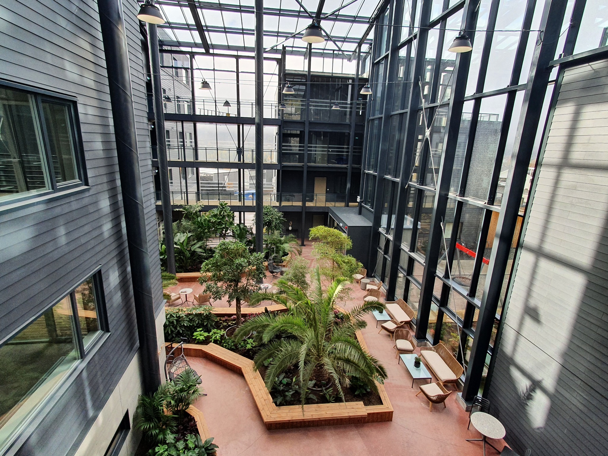 Wewnętrzne patio w budynku z przeszklonym dachem, rośliny, meble wypoczynkowe, widok z góry