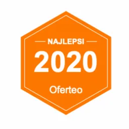 Pomarańczowa odznaka w kształcie sześciokąta z napisem 'Najlepsi 2020 Oferteo', symbolizująca nagrodę lub wyróżnienie.
