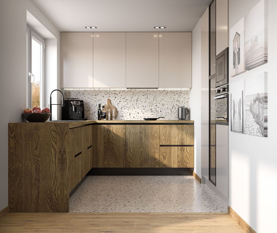 Nowoczesna kuchnia z drewnianymi frontami szafek, blatem z ciemnego drewna i białymi szafkami wiszącymi. Na blacie ekspres do kawy i akcesoria kuchenne.