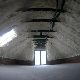 Poddasze po ociepleniu pianką PUR, widoczne krokwie, okno dachowe i fragment ściany z pustaków.