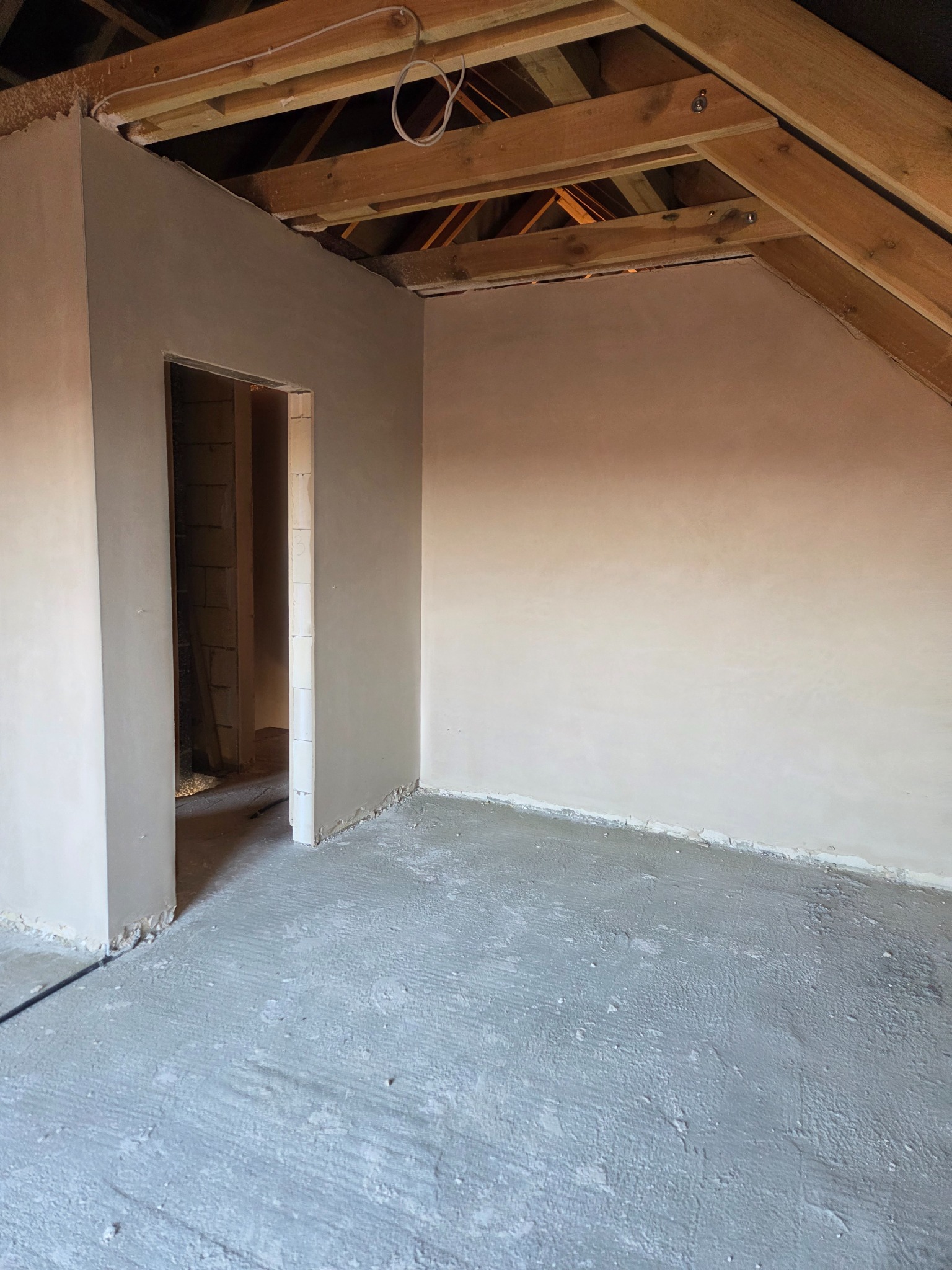 Poddasze po tynkowaniu maszynowym: gładkie ściany w jasnym odcieniu, surowy beton na podłodze, widoczne drewniane elementy konstrukcji dachu. Otwór drzwiowy w ścianie.