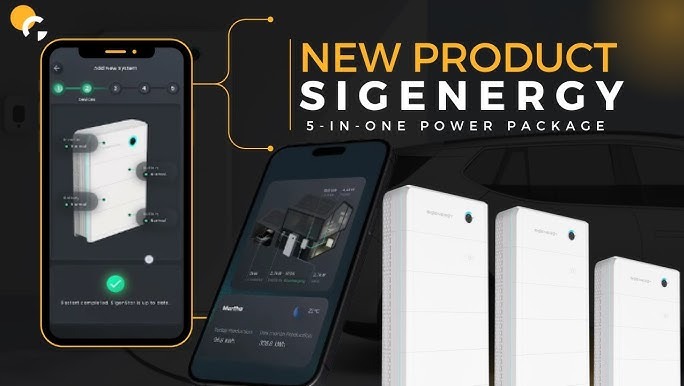Grafika reklamowa nowego produktu Sigenergy: pakiet zasilania 5 w 1. Na pierwszym planie smartfony wyświetlające interfejs użytkownika systemu. W tle cztery białe moduły systemu zasilania...