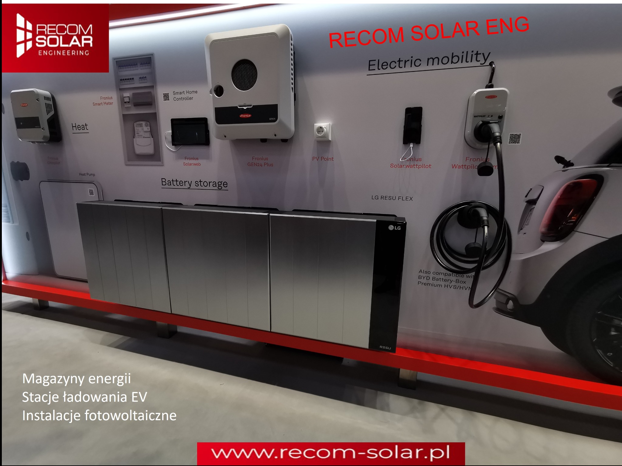 Ekspozycja systemów magazynowania energii i ładowania pojazdów elektrycznych, prezentująca moduł EVDC firmy Sigenergy z obsługą V2X, falowniki Fronius, baterie LG RESU Flex, stację ładowania...