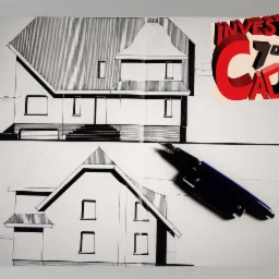 Ręczny szkic dwukondygnacyjnego domu jednorodzinnego z dachem dwuspadowym, obok leży pióro wieczne i grafika z napisem INVEST CAD.