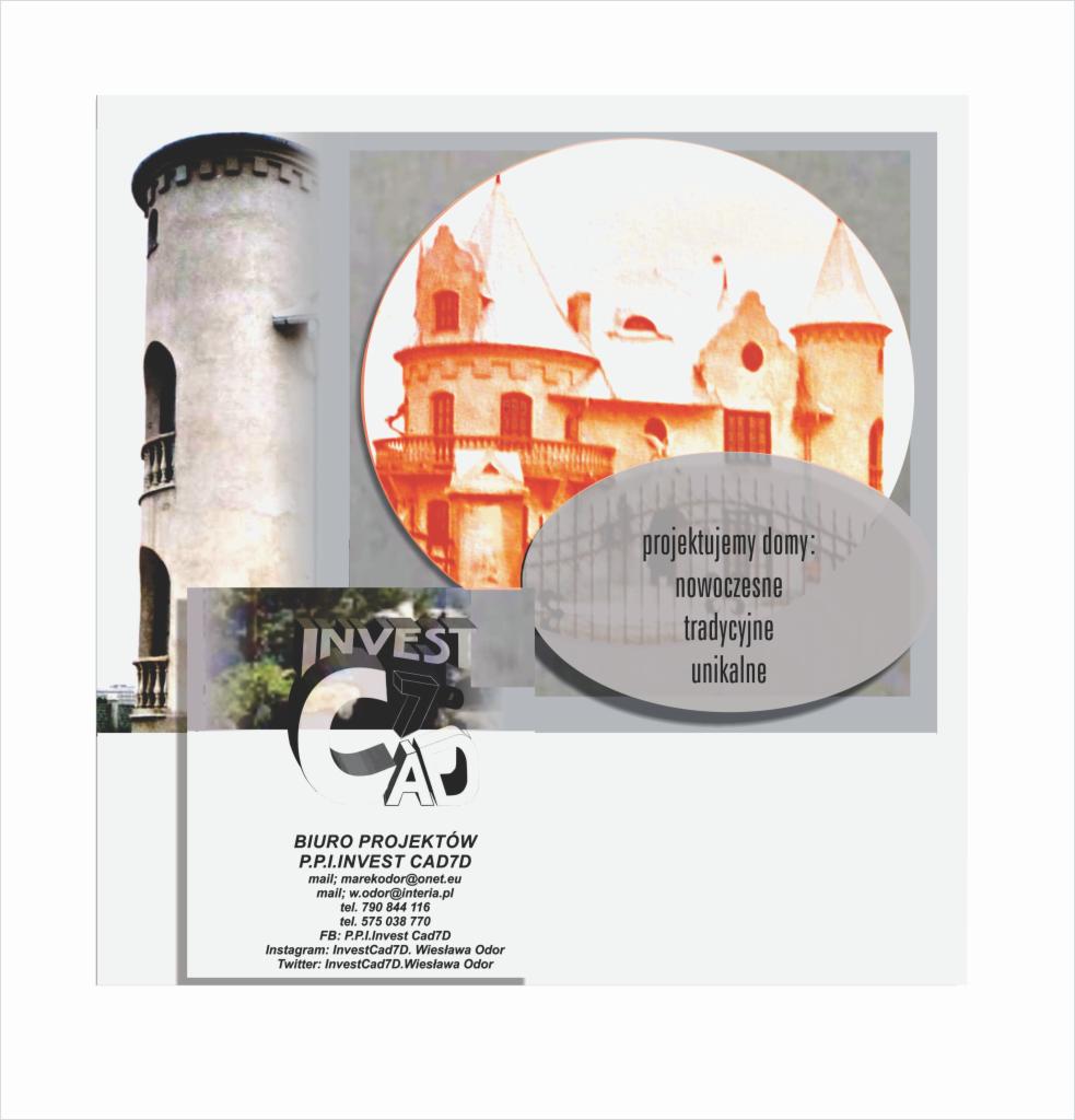 Folder reklamowy biura projektów Invest CAD7D prezentujący wizualizacje projektów domów w stylu nowoczesnym, tradycyjnym i unikalnym, z wieżą i budynkiem stylizowanym na zamek.
