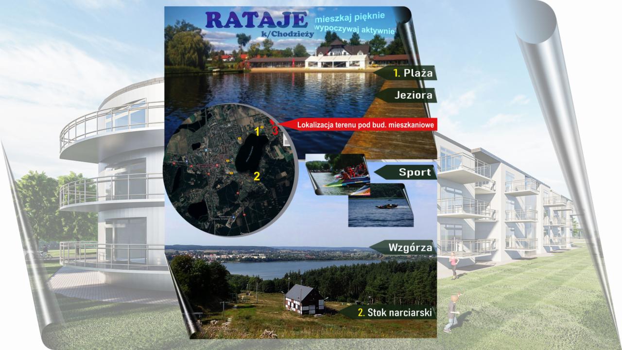 Wizualizacja budynku mieszkalnego w Chodzieży z atrakcjami w okolicy: plaża, jeziora, wzgórza, stok narciarski oraz mapa lokalizacji terenu pod budowę.