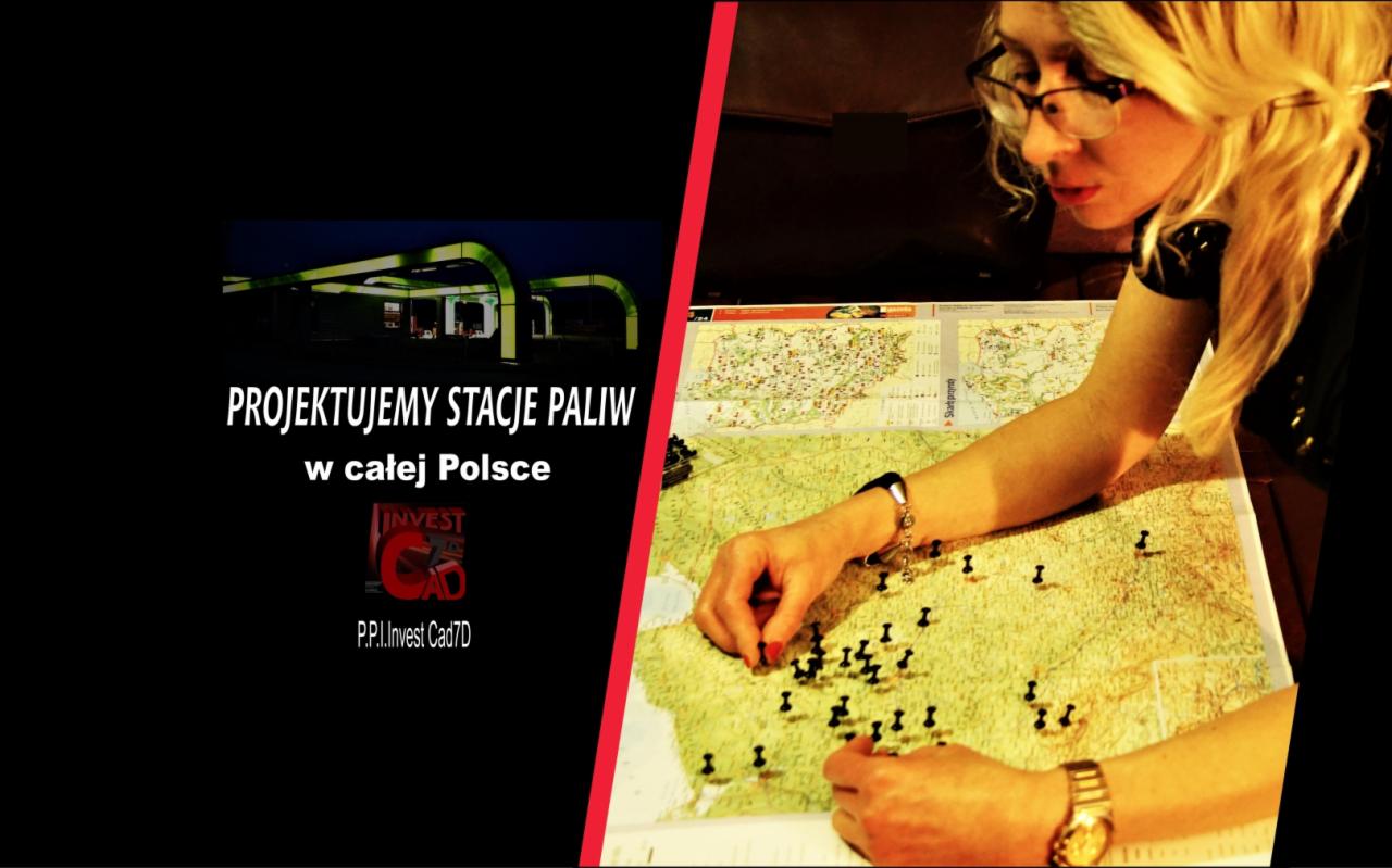 Architektka w okularach nanosi pinezki na mapę Polski, planując lokalizacje stacji paliw. W tle wizualizacja projektowanej stacji paliw.