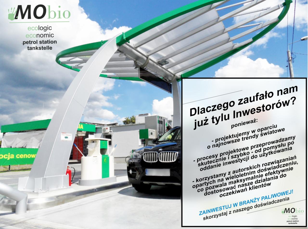Wizualizacja nowoczesnej stacji paliw Mobio z czarnym samochodem osobowym w tle, widoczny dystrybutor i reklama z hasłem 'Dlaczego zaufało nam już tylu Inwestorów?'