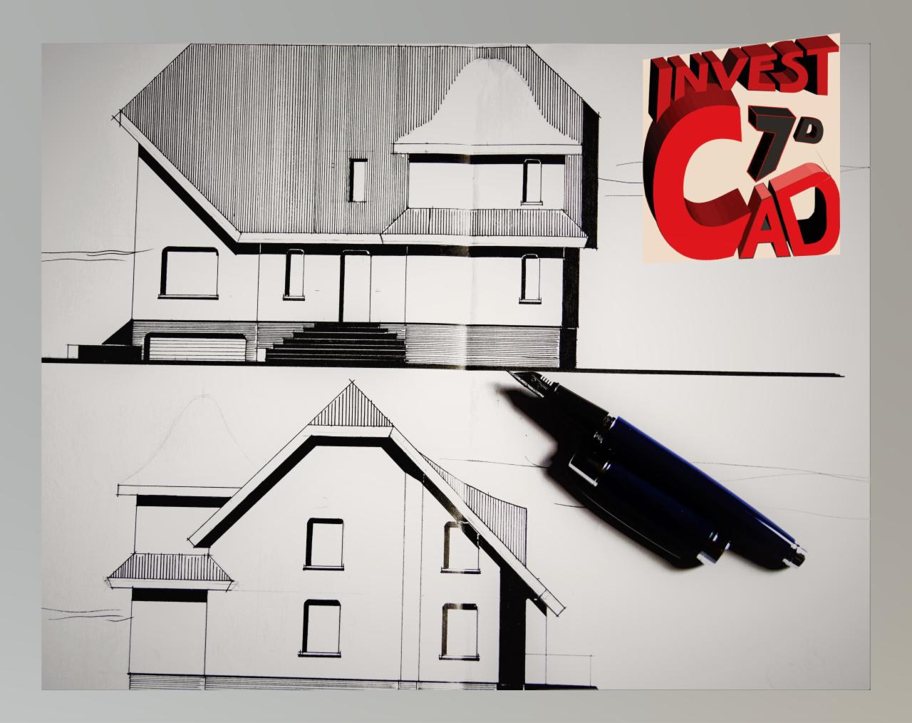 Ręczny szkic dwukondygnacyjnego domu jednorodzinnego z dachem dwuspadowym, obok leży pióro wieczne i grafika z napisem INVEST CAD.