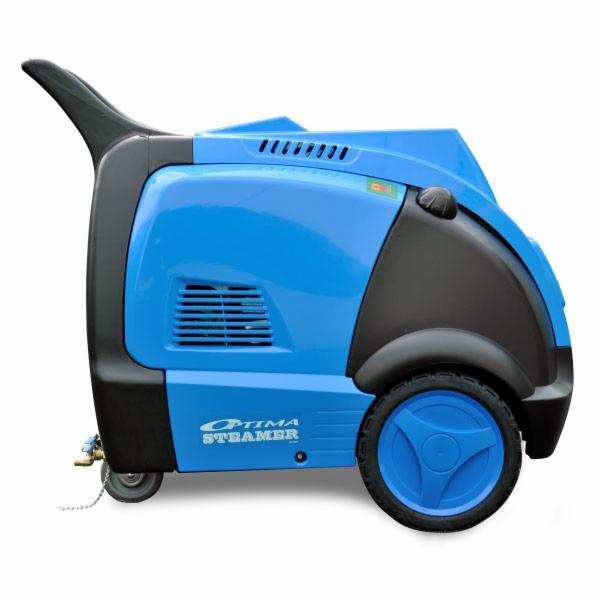 Profesjonalna, niebiesko-czarna myjka parowa Optima Steamer na kółkach, z widocznym wężem i dyszą, na białym tle.