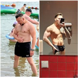Trener Personalny Piotr Olecki - Mężczyzna przed i po metamorfozie sylwetki, widoczne zmiany w budowie ciała, zarys mięśni, lewa strona na plaży, prawa w łazience, widoczny tatuaż na ramieniu.