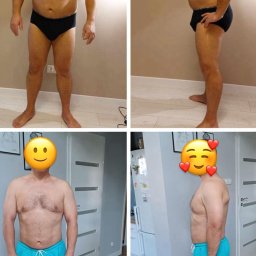 Trener Personalny Piotr Olecki - Metamorfoza sylwetki klienta z Płocka: kolaż 'przed i po' z widoczną redukcją wagi, mężczyzna pozuje w bieliźnie i szortach na tle wnętrza mieszkania.