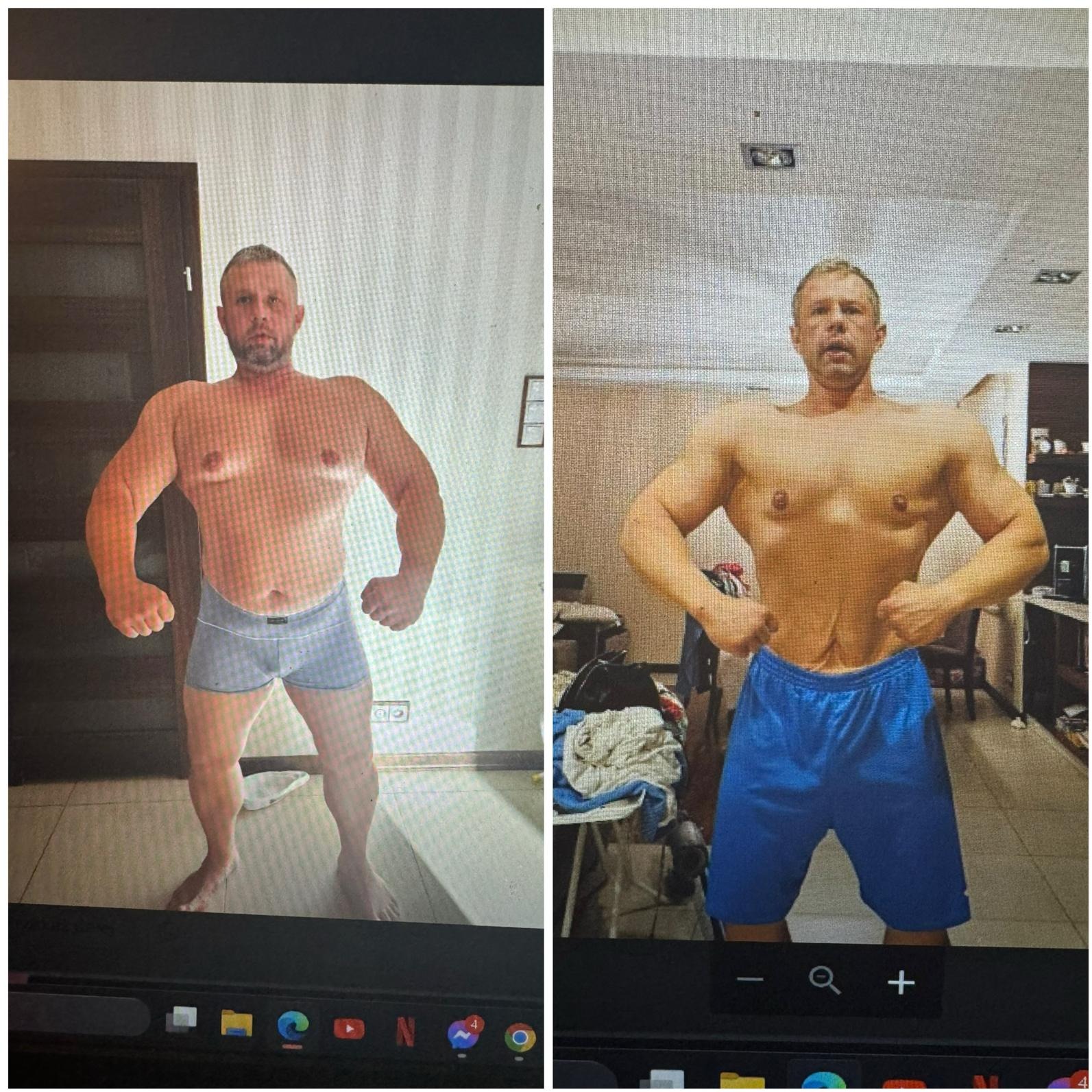 Mężczyzna prezentuje transformację sylwetki: zdjęcie 'przed' z większą masą ciała i 'po' z wyraźnie zarysowanymi mięśniami. Widoczna zmiana w postawie i pewności siebie.