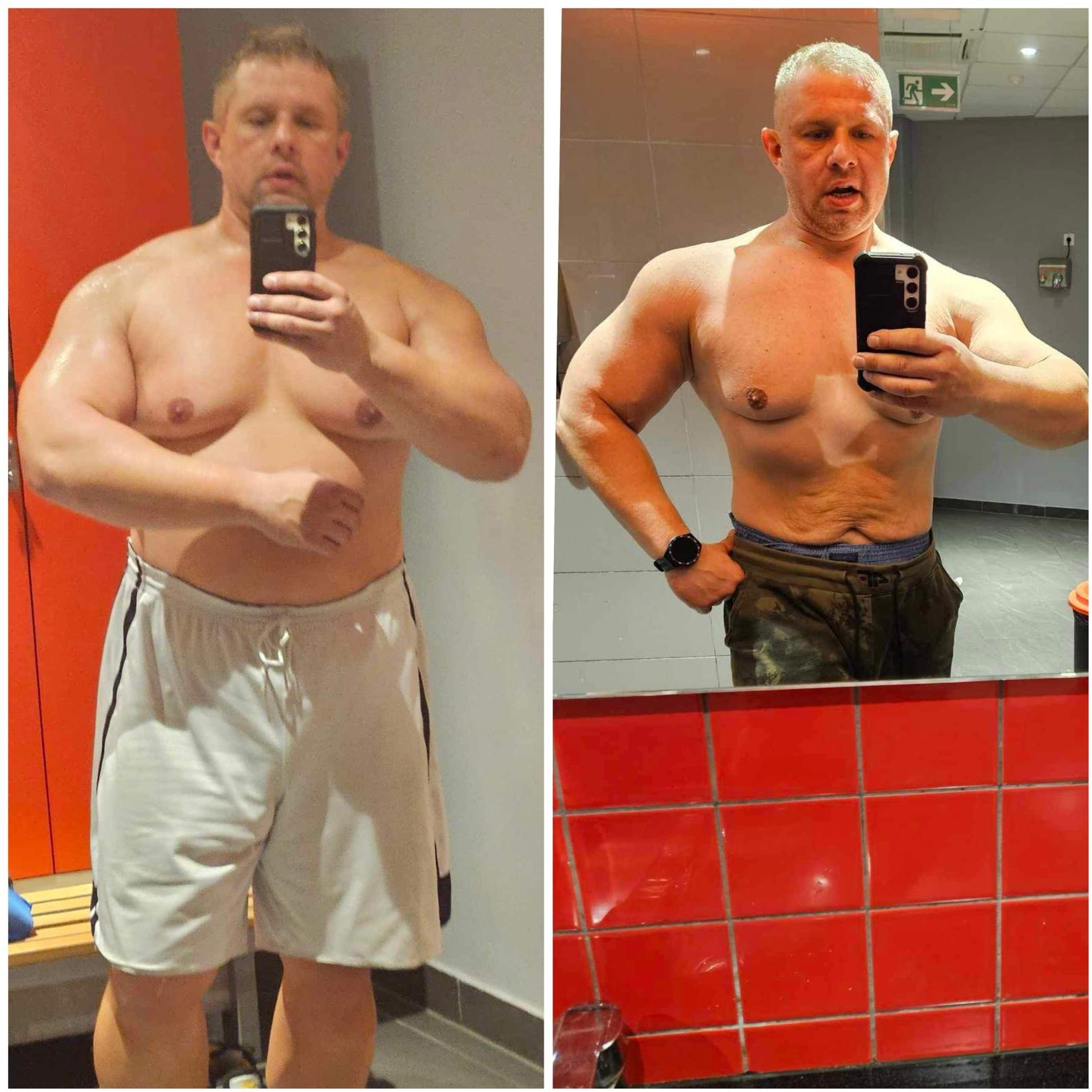 Mężczyzna prezentuje metamorfozę sylwetki: zdjęcie 'przed' po lewej, z większą masą ciała, a 'po' po prawej, z widoczną redukcją tkanki tłuszczowej i zarysem mięśni.