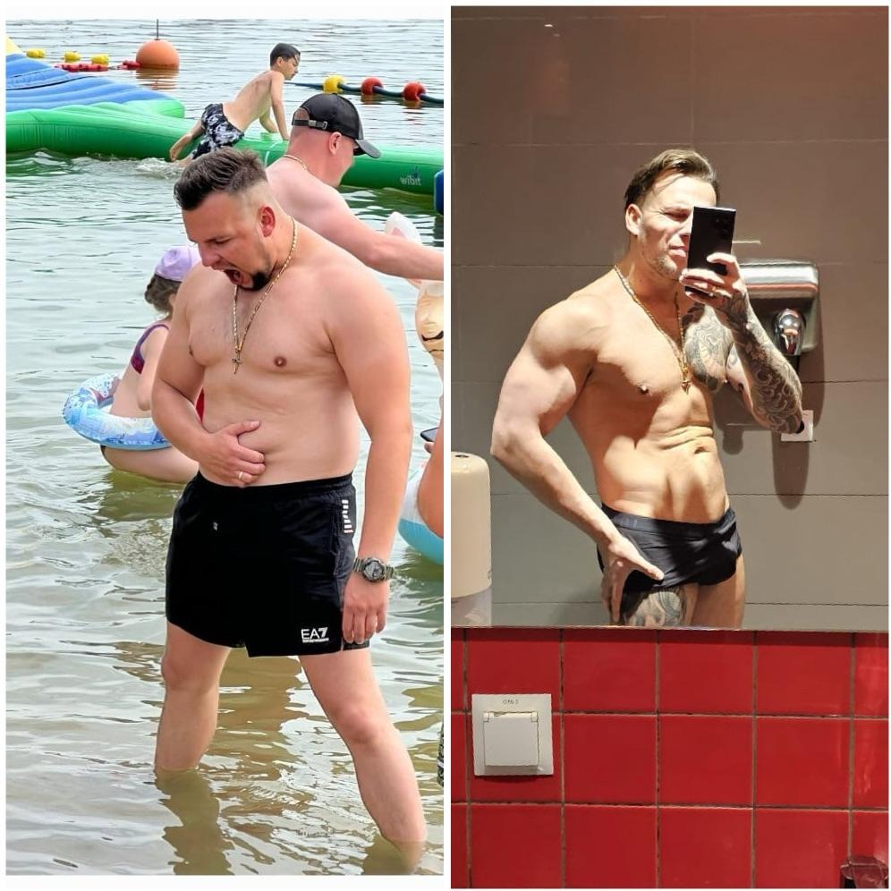 Mężczyzna przed i po metamorfozie sylwetki, widoczne zmiany w budowie ciała, zarys mięśni, lewa strona na plaży, prawa w łazience, widoczny tatuaż na ramieniu.