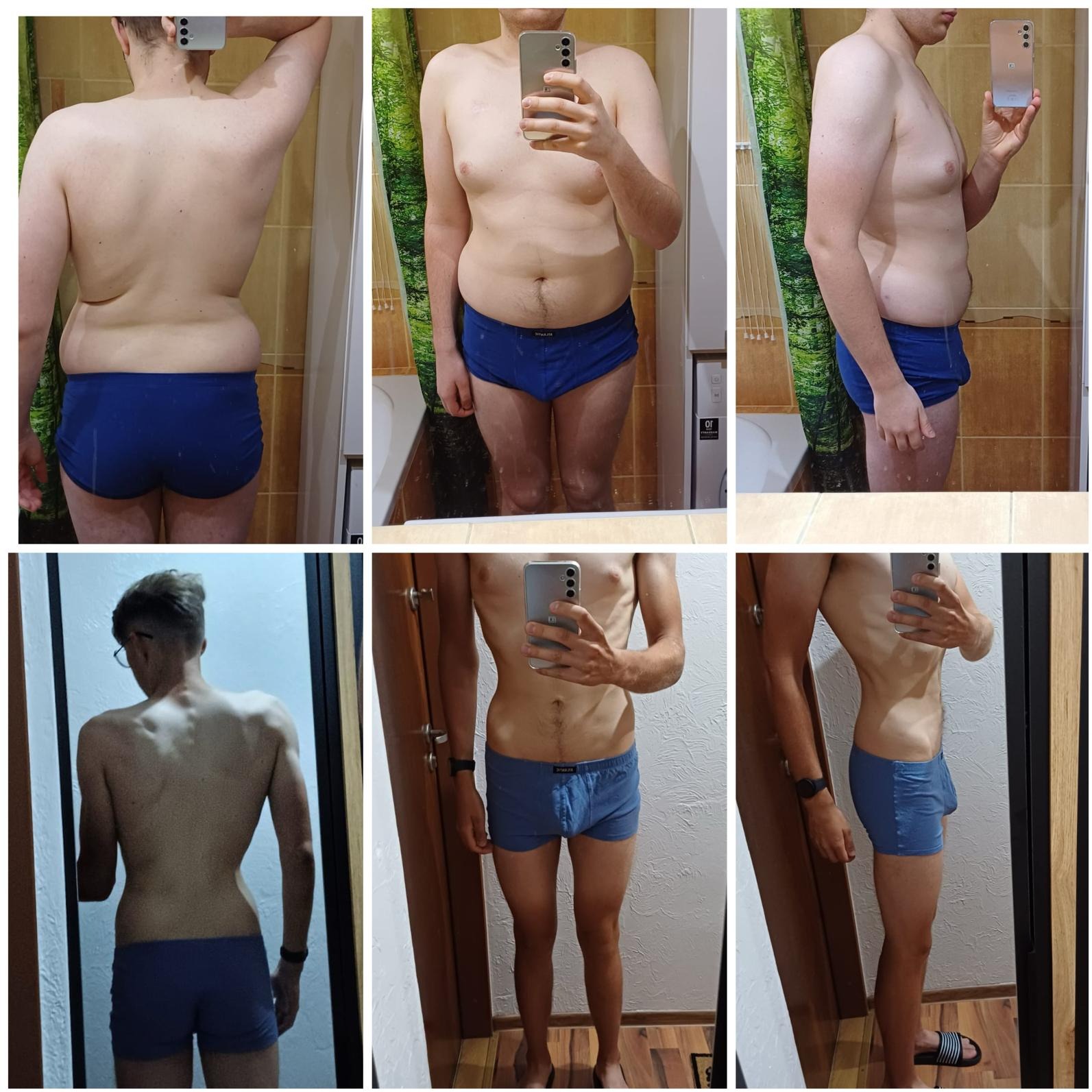 Efekt metamorfozy sylwetki: kolaż zdjęć 'przed i po' prezentuje postępy w odchudzaniu, ukazując zmiany w budowie ciała klienta trenera personalnego.