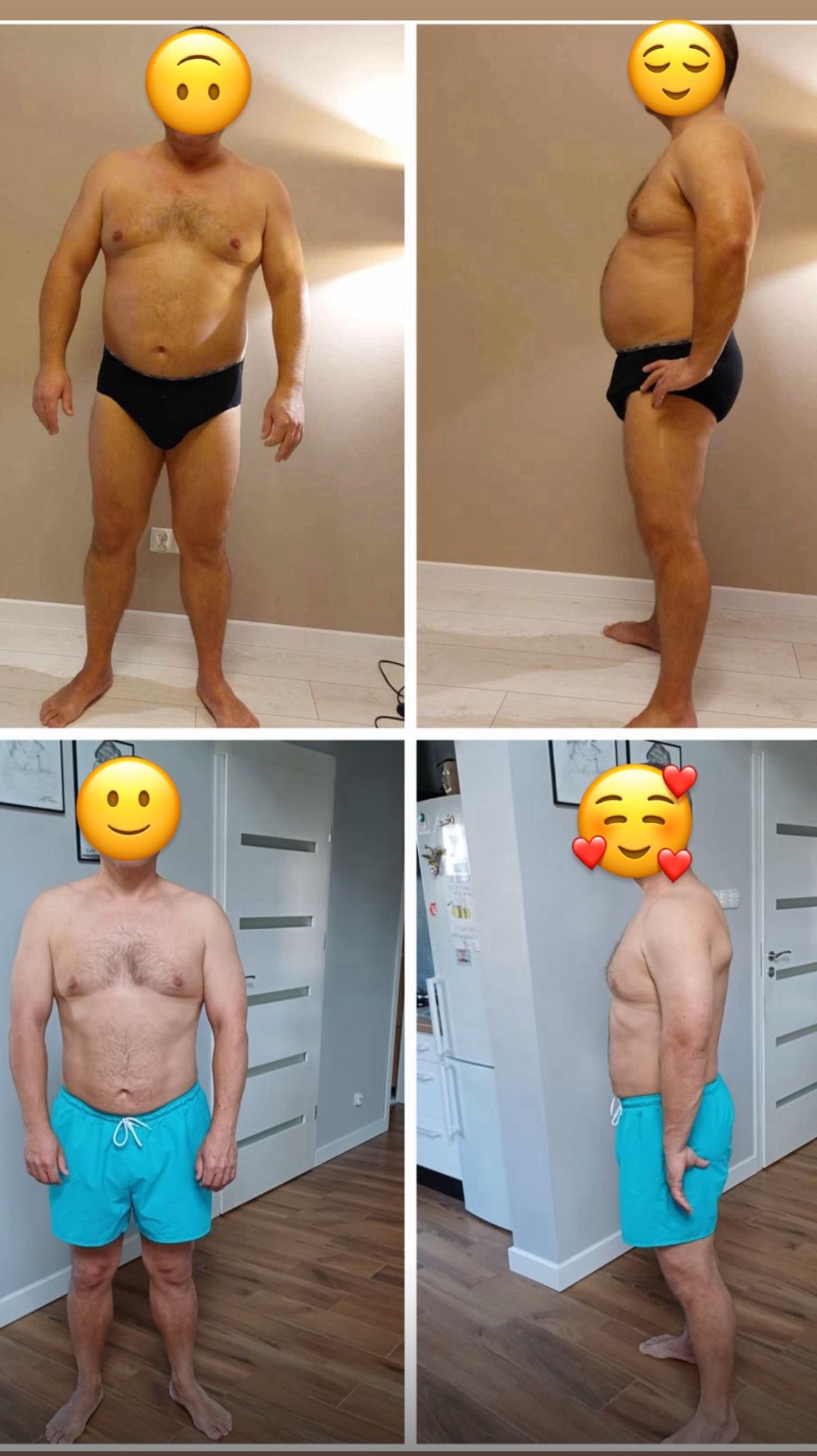 Metamorfoza sylwetki klienta z Płocka: kolaż 'przed i po' z widoczną redukcją wagi, mężczyzna pozuje w bieliźnie i szortach na tle wnętrza mieszkania.