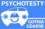 Niebieskie logo z napisem Psychotesty, stylizowaną białą sylwetką samochodu z uśmiechniętą twarzą i kaskiem budowlanym oraz nazwami miast Gdynia i Gdańsk.