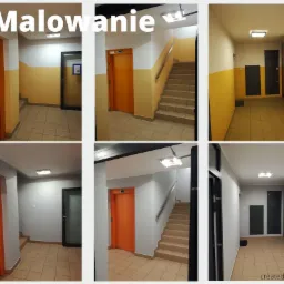 Klatka schodowa w bloku po odświeżeniu, ściany częściowo pomalowane na kolor żółty i biały, w innym ujęciu na szaro, widoczne drzwi do mieszkań i winda.