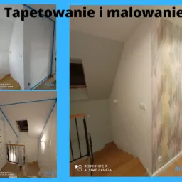 Klatka schodowa po odświeżeniu: świeżo pomalowane ściany zabezpieczone taśmą malarską, jedna ściana z nowoczesną tapetą w geometryczne wzory, widoczne schody drewniane i okno dachowe.