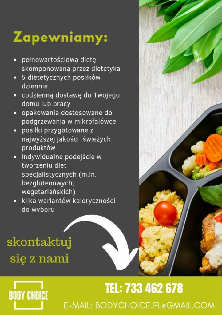 Reklama firmy oferującej posiłki dietetyczne w czarnych pojemnikach, z informacjami o pełnowartościowej diecie i codziennej dostawie, obok widoczne świeże warzywa i logo firmy Body Choice.