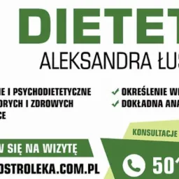 Grafika reklamowa dietetyk Aleksandry Łuszczek z brokułem, ofertą porad dietetycznych, diet dla chorych i zdrowych, określeniem wieku metabolicznego, analizą składu ciała, konsultacjami z dojazdem...