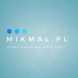 Logo firmy MIKMAL.PL, serwis usługowo-sprzątający, z trzema błękitnymi kropkami nad nazwą, na błękitnym tle.