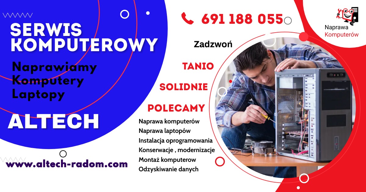 Mężczyzna w koszuli w kratę naprawia komputer stacjonarny, używając śrubokręta, na tle reklamy serwisu komputerowego z Radomia.