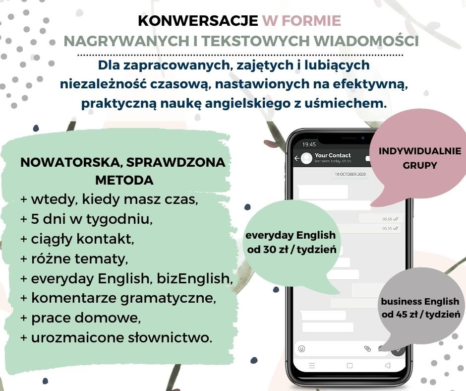 Grafika reklamowa kursu angielskiego online z konwersacjami w formie wiadomości tekstowych, oferująca indywidualne i grupowe zajęcia, z naciskiem na elastyczność czasową i praktyczną naukę...