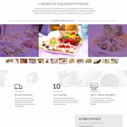 Strona internetowa firmy cateringowej z ofertą kompleksowej obsługi, galerią realizacji i danymi kontaktowymi.
