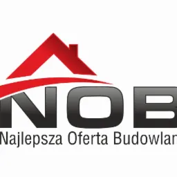 Logo firmy NOB z czerwonym dachem i napisem 'Najlepsza Oferta Budowlana' na białym tle.